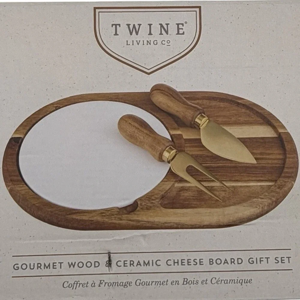 Twine Living Co Gourmet Wood & Ceramic Cheese Board Gift Set –‎ New